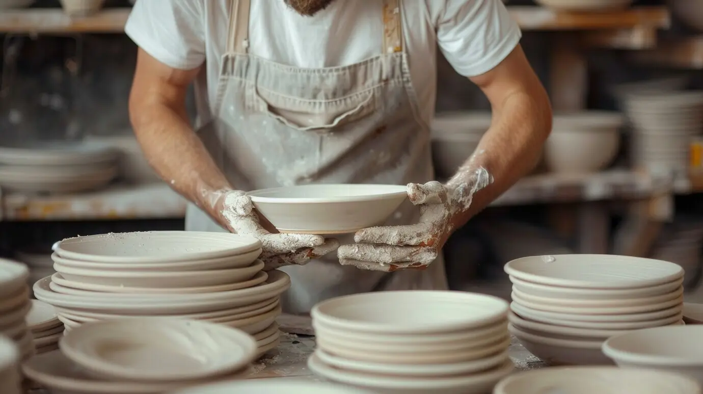 Porträt eines Mannes, der an Steinzeug-Keramik arbeitet