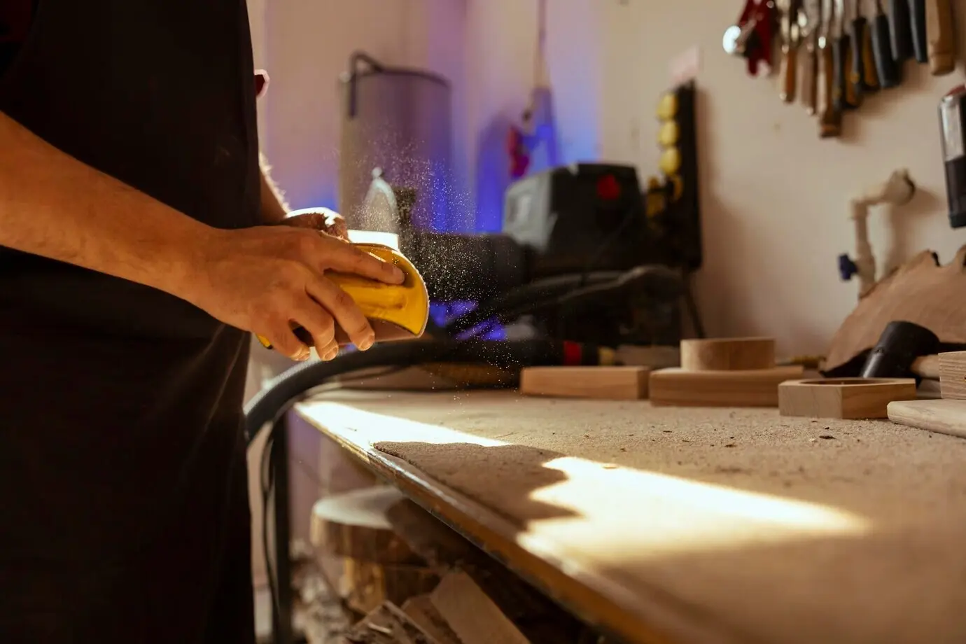 Eine Fachkraft für Holzbearbeitung schleift eine Holzoberfläche mit Schleifpapier.