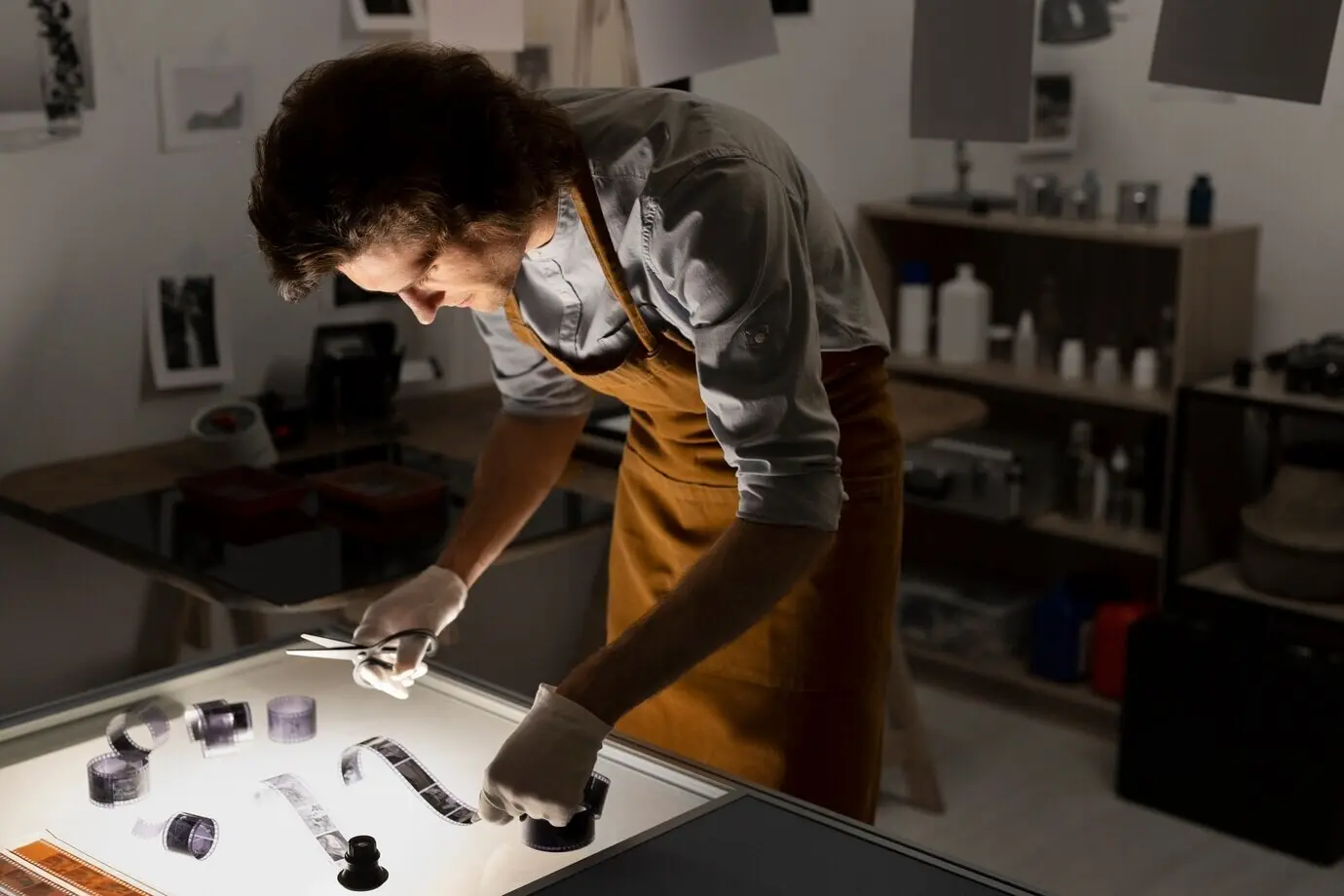 Seitenansicht eines Mannes, der in einer Dunkelkammer arbeitet.